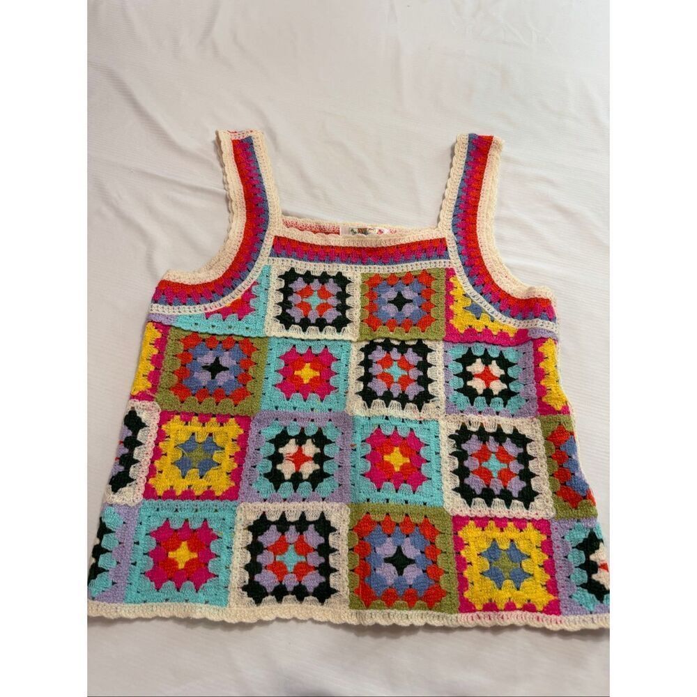 India Boutique Crochet Hippie Boho Granny Square Tank Top One Size See Measure